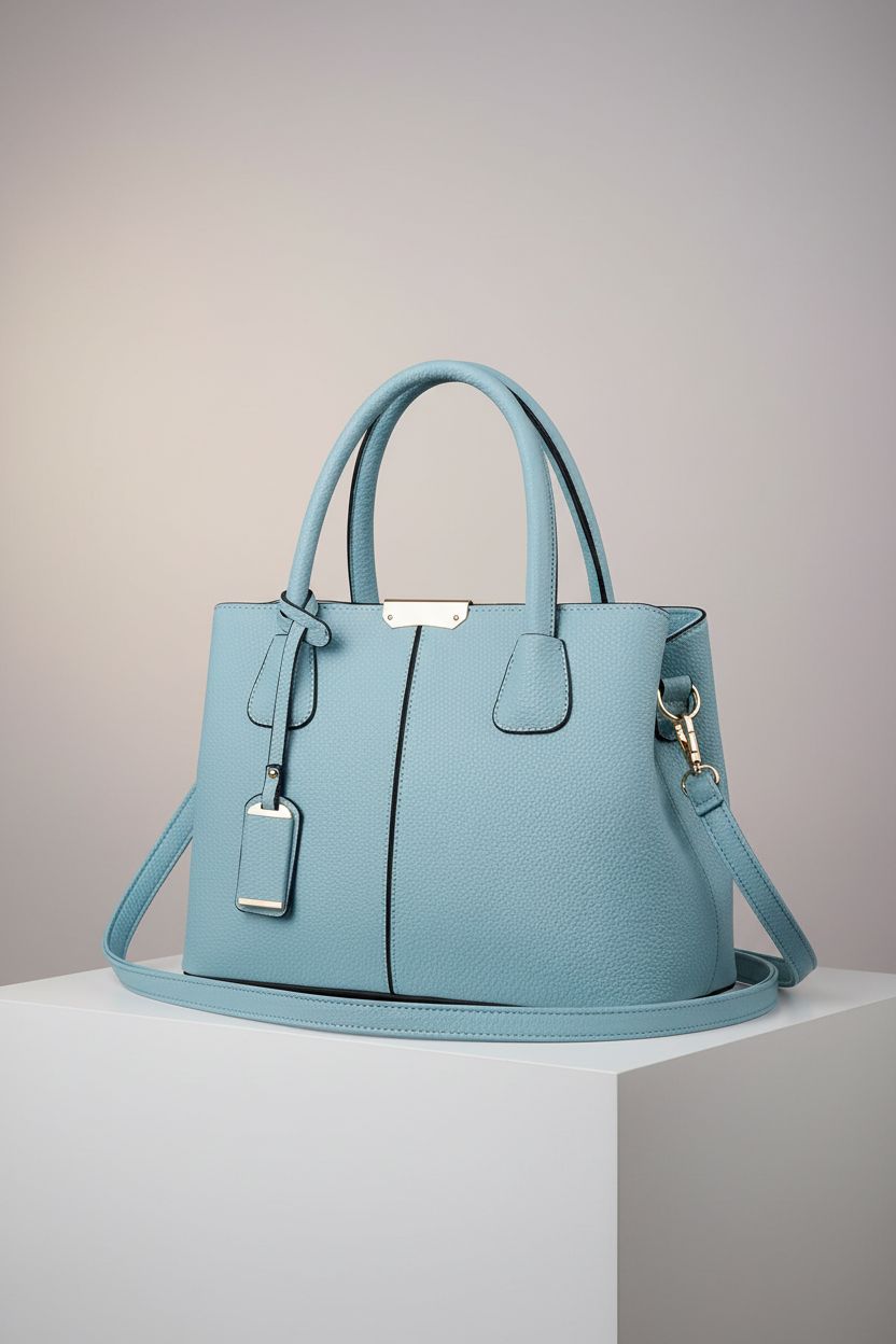 Minimalist display of FiveloveTwo light blue satchel handbag highlighting texture and gold hardware.
