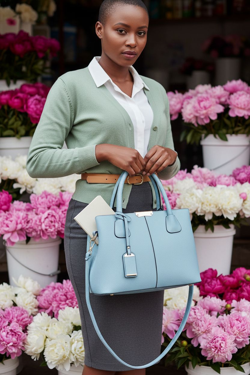 Light blue FiveloveTwo satchel handbag held by its top handles, surrounded by fresh peonies.