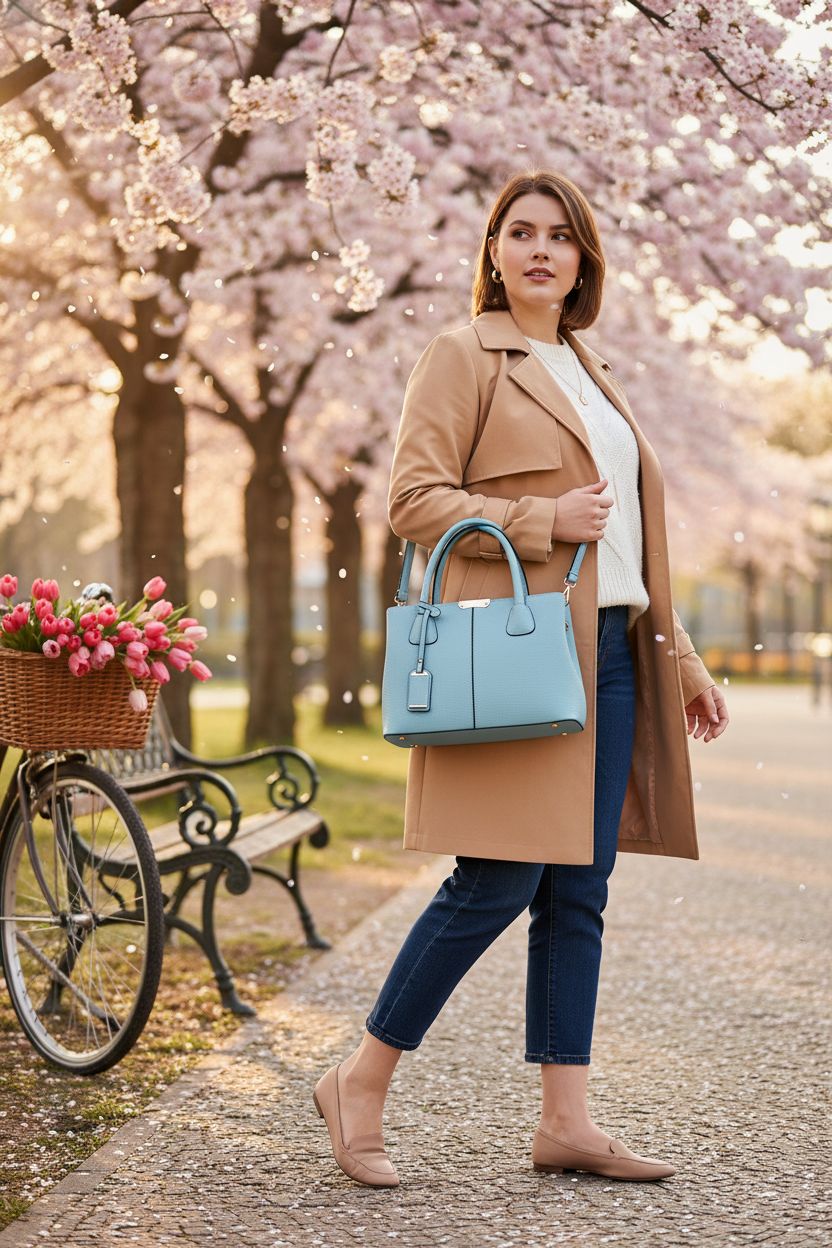 FiveloveTwo light blue satchel handbag worn while strolling through a park, cherry blossoms in bloom.