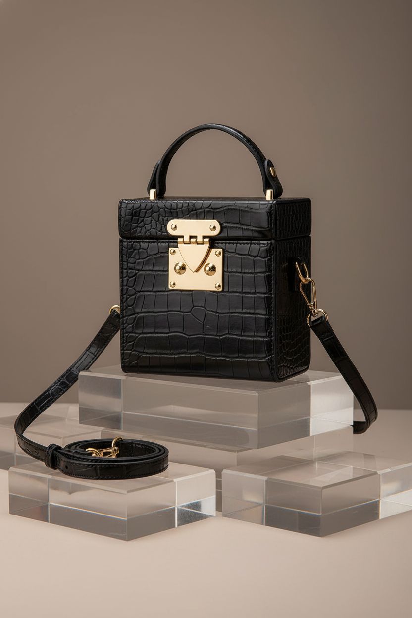 QZUnique black croc-embossed cube handbag on minimalist display, highlighting its design and craftsmanship.