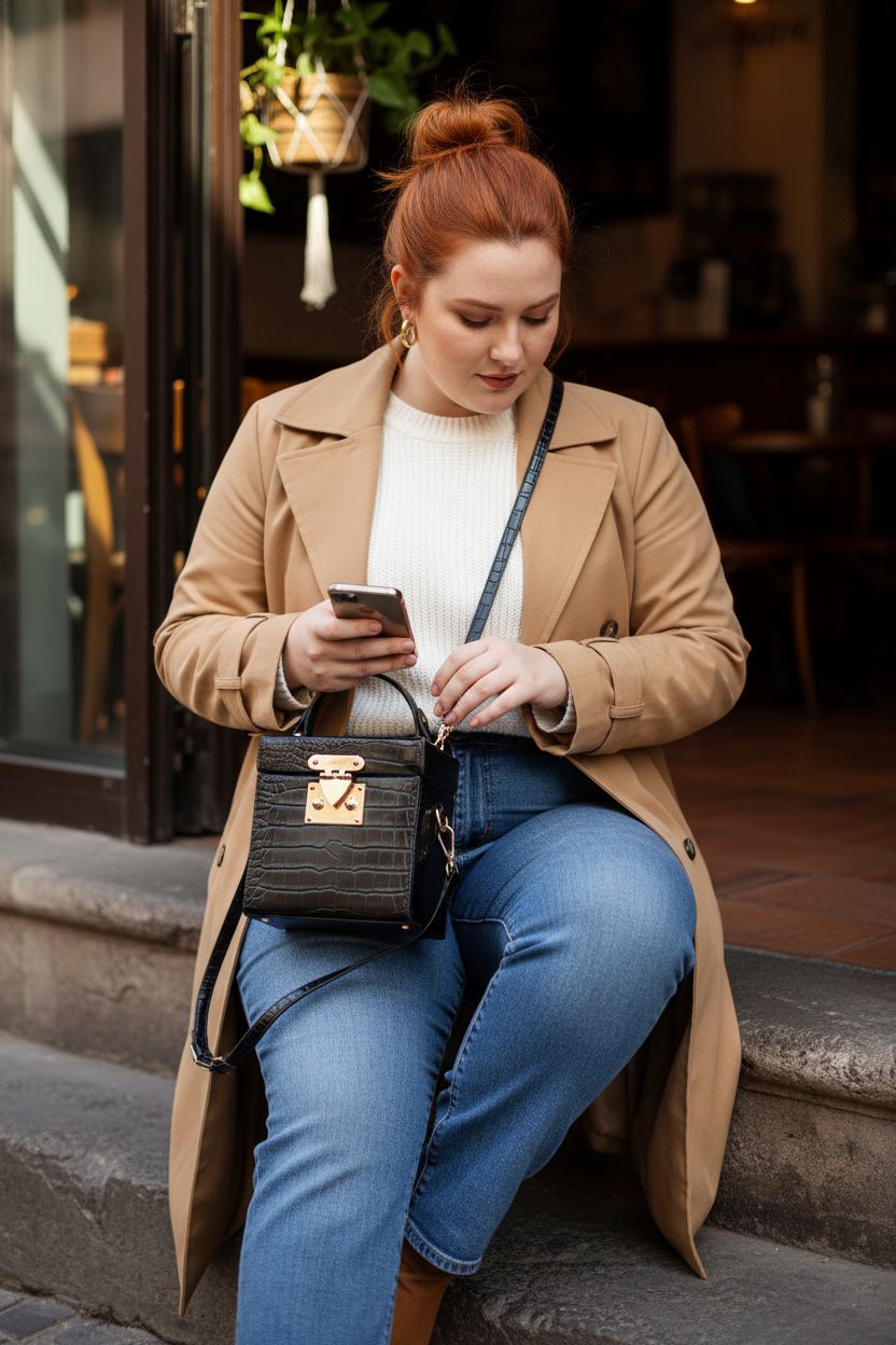 QZUnique black croc PU cube handbag styled with a camel trench, perfect for casual outings.