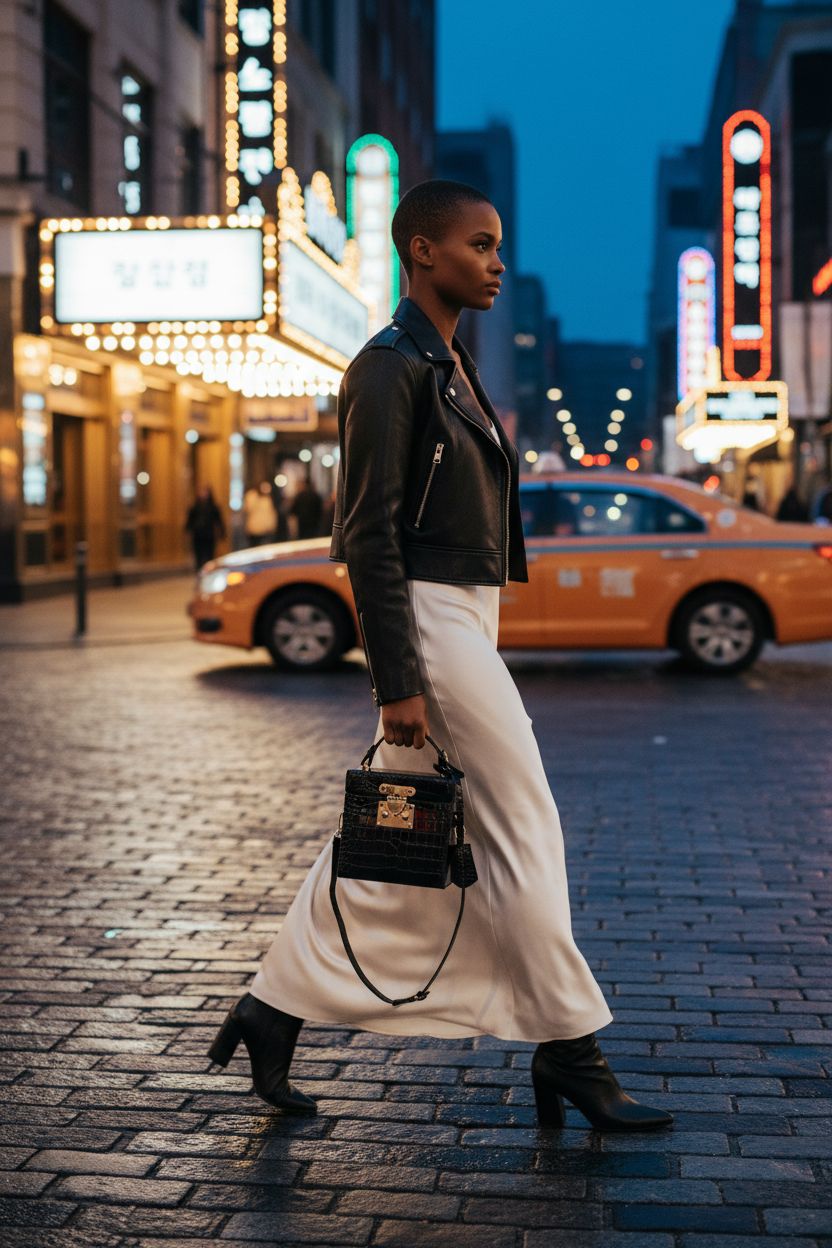 Chic QZUnique black croc-embossed cube handbag, ideal for evening events with a leather jacket.
