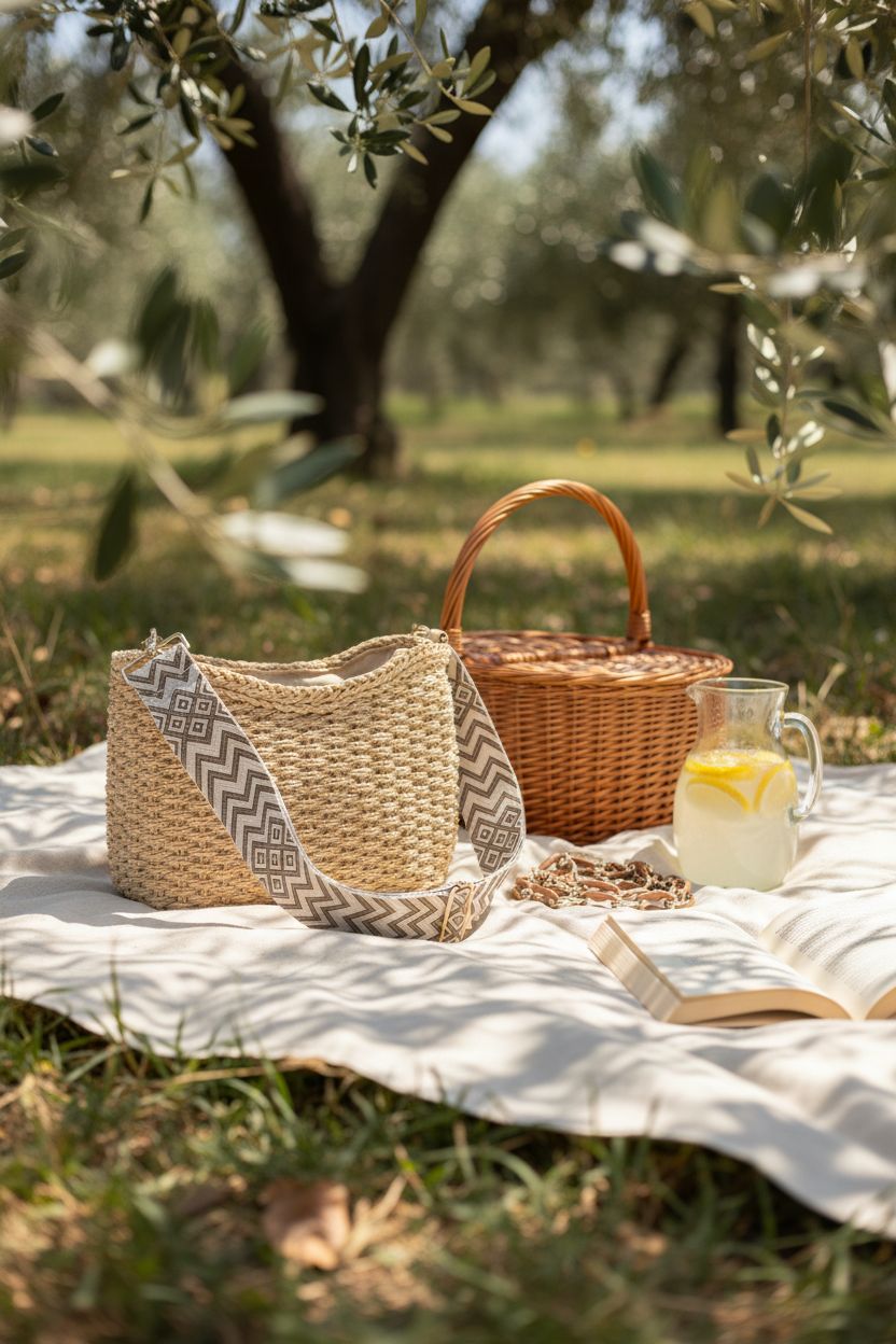 Richeart straw purse resting in a serene olive grove picnic setting, exuding relaxed summer vibes.