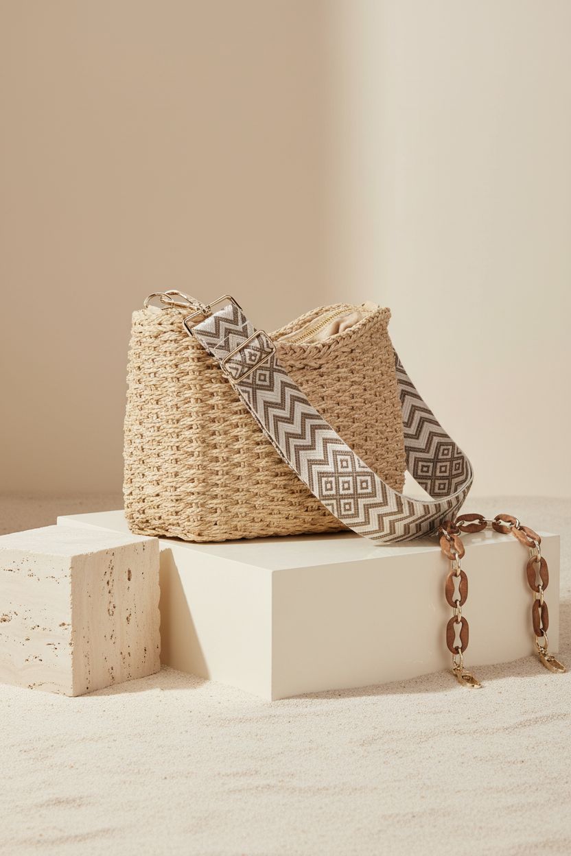 Detailed view of Richeart khaki handwoven straw purse, highlighting its craftsmanship and stylish design.