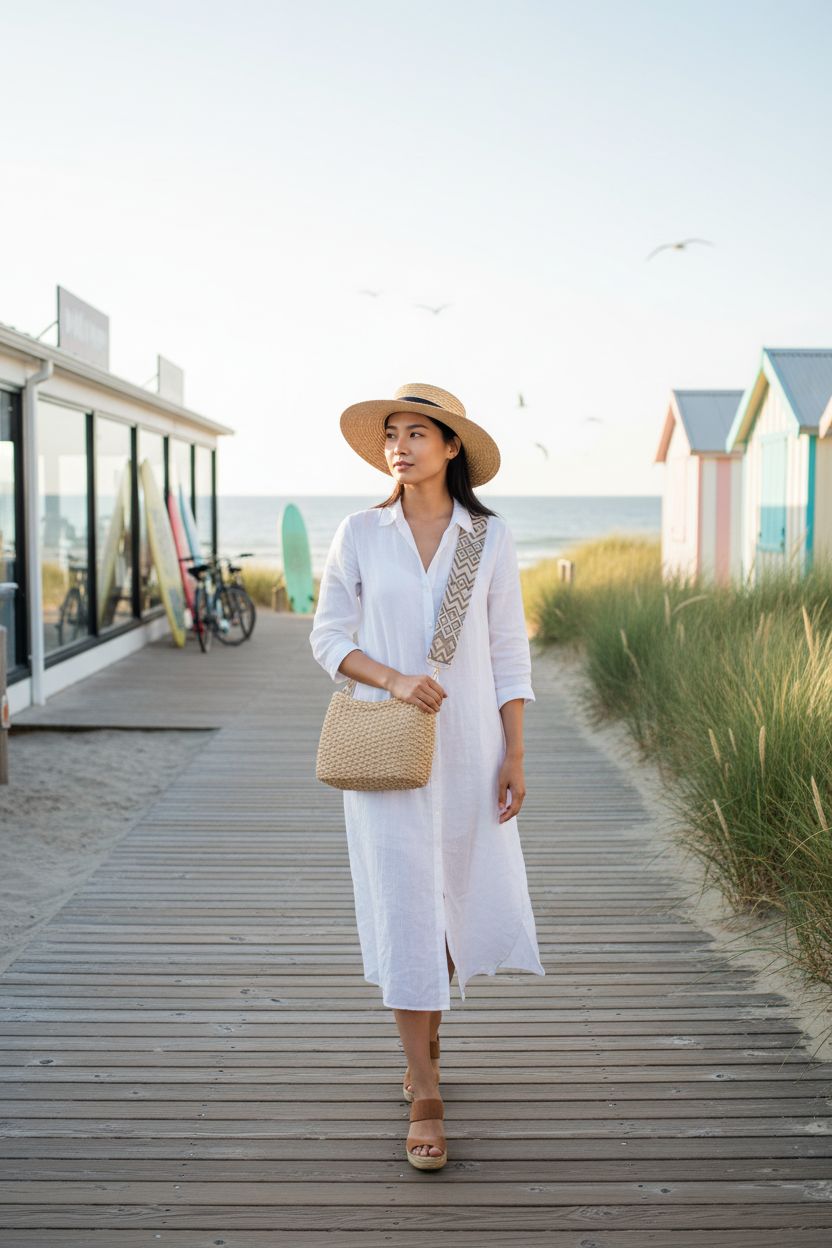 Richeart khaki handwoven straw purse showcased on a beach boardwalk, perfect for summer outings.