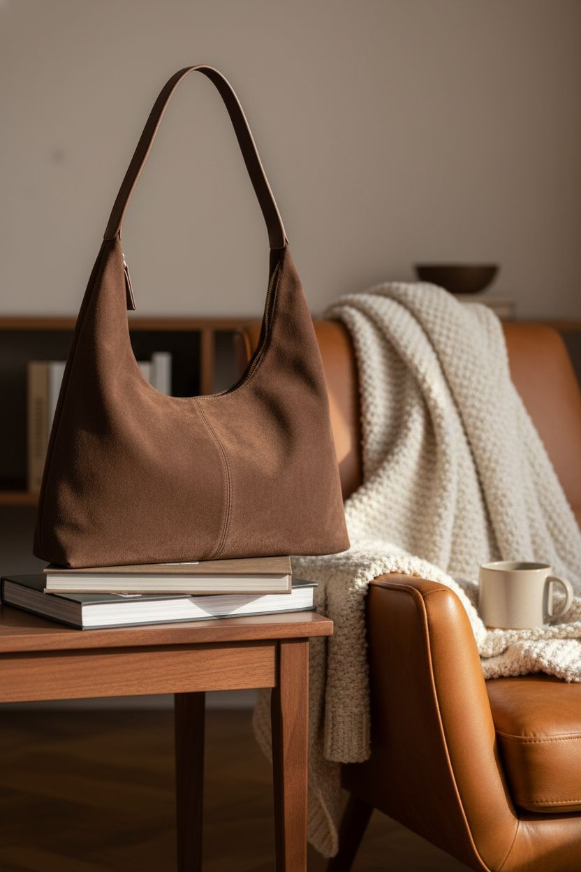 Warm reading nook featuring Bagkeak's suede crescent tote beside design books and a mug.