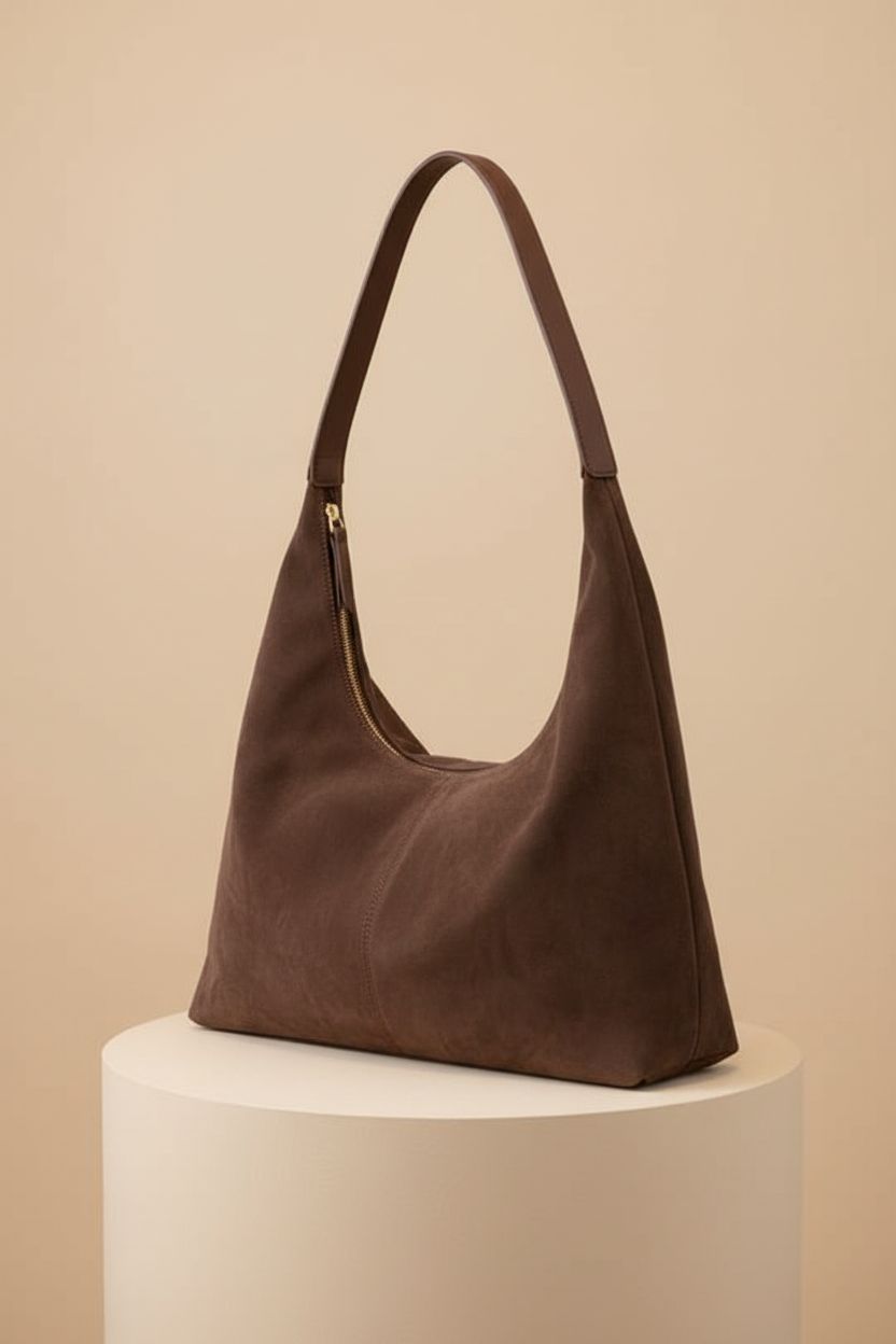 Elegant crescent suede tote bag by Bagkeak showcased against a warm ivory backdrop.