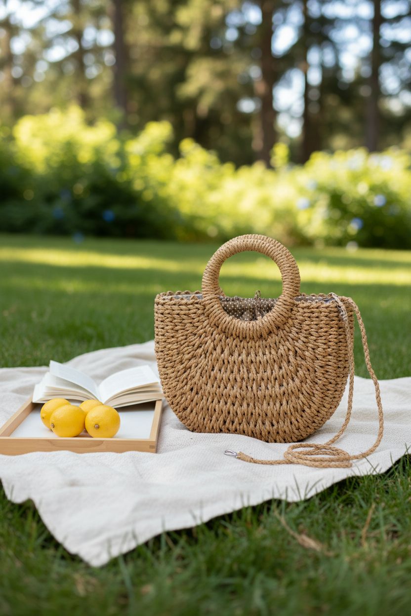 FENBEN Women Straw Crossbody Bag resting on a linen blanket in a peaceful park setting.
