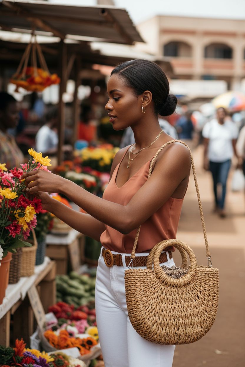 FENBEN Women Straw Crossbody Bag in a soft terracotta setting, perfect for summer outings.