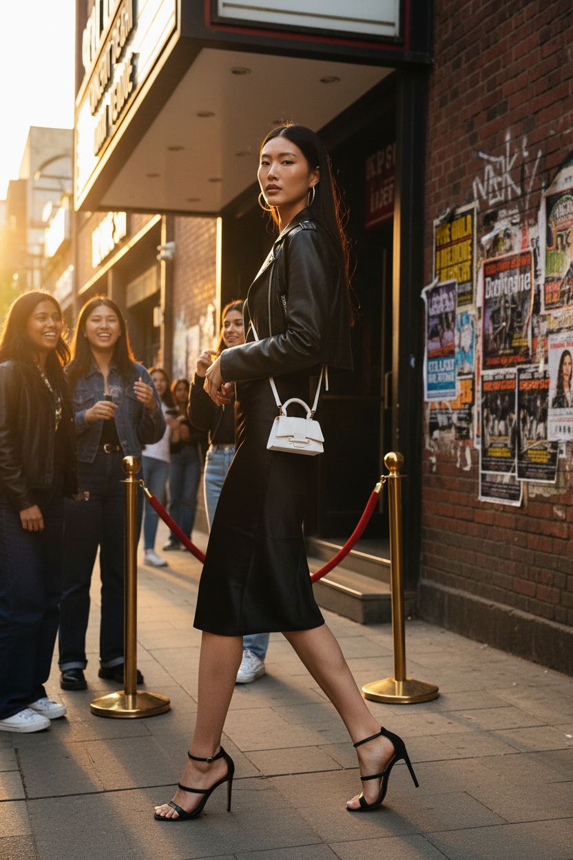 Ayliss Micro Mini Crossbody Handbag in white, worn with a black satin slip and leather jacket.