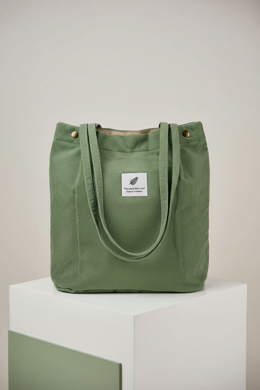 Product shot of TOPASION matcha green corduroy tote bag highlighting texture and craftsmanship