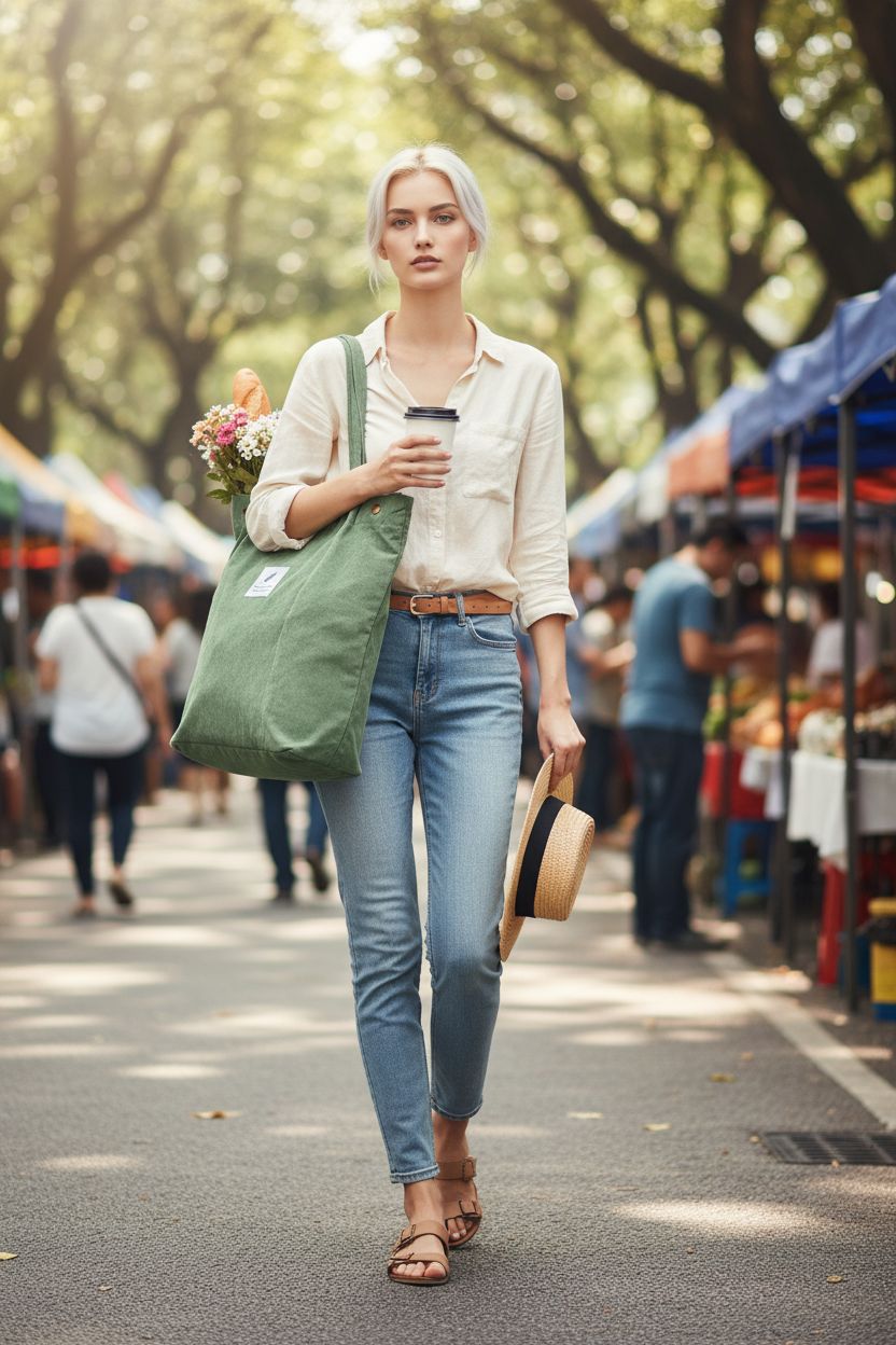 Matcha green corduroy tote bag by TOPASION with flowers and a baguette, perfect for market outings