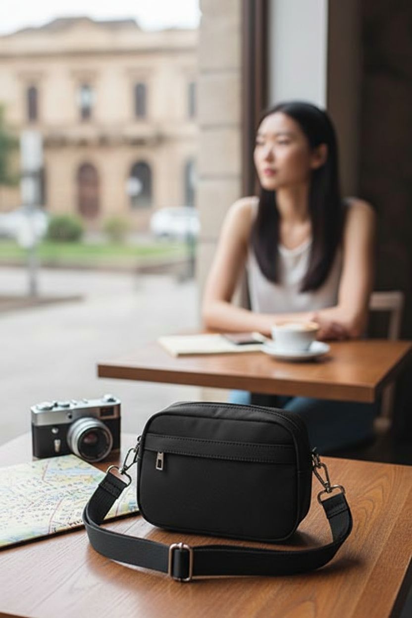 MAXTOP travel purse on a café table with a map and camera, perfect for sightseeing.