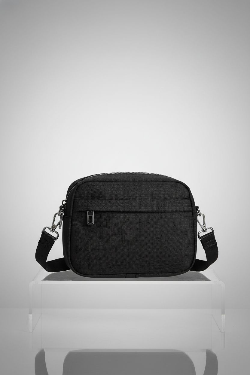 MAXTOP compact black sling bag on a minimal studio set, showcasing its sleek design.