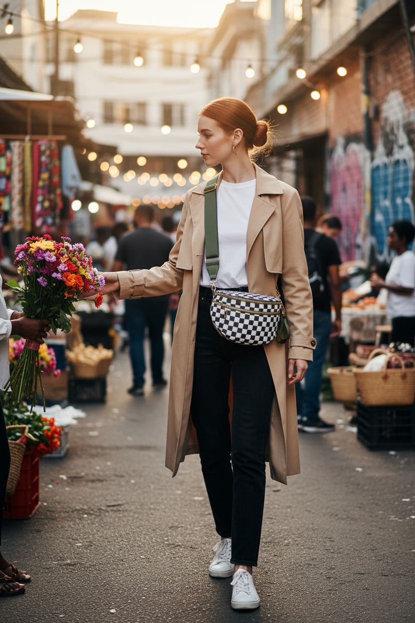 idoltimes checkered crossbody bag in stylish street market setting, perfect for hands-free convenience