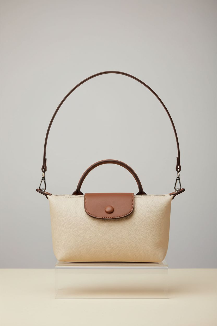 VesaNa Yoolo off-white quilted crossbody bag displayed on acrylic block