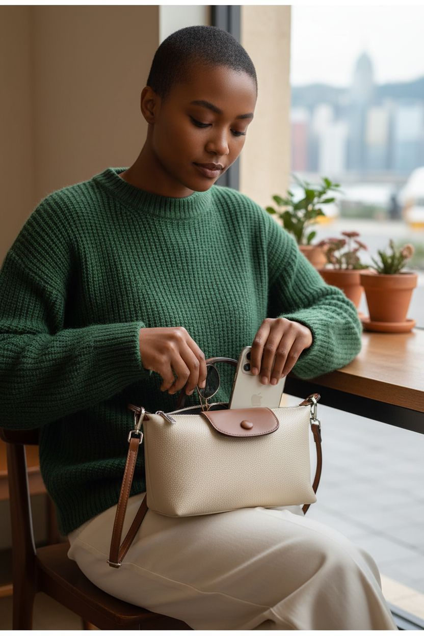 VesaNa Yoolo off-white quilted crossbody bag on lap in cozy café setting