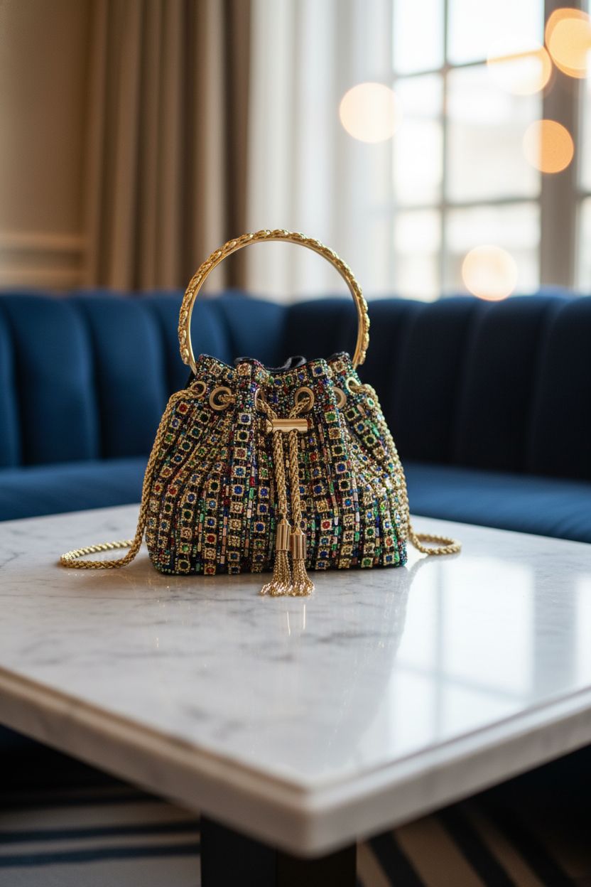 Sweetovo evening bag on a marble table in a refined hotel lounge, showcasing its glittering rhinestone details.