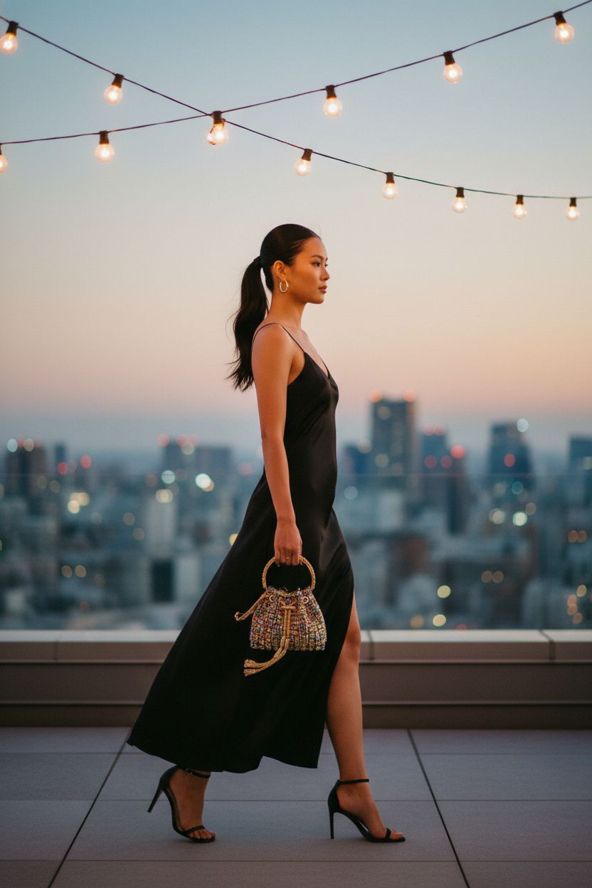 Colorful Sweetovo rhinestone purse held on a rooftop during cocktail hour, stylish and glamorous design.