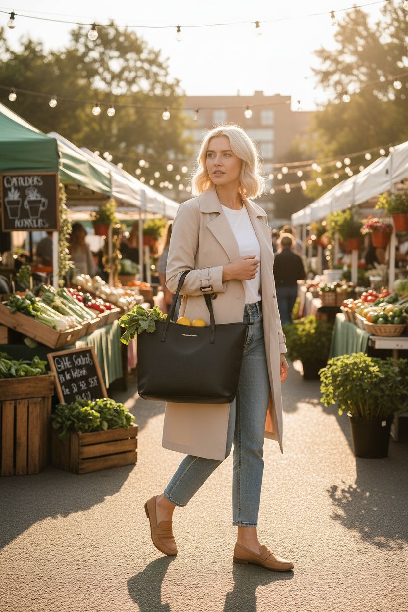 Montana West black vegan tote bag at a farmers market, complementing a casual outfit beautifully.
