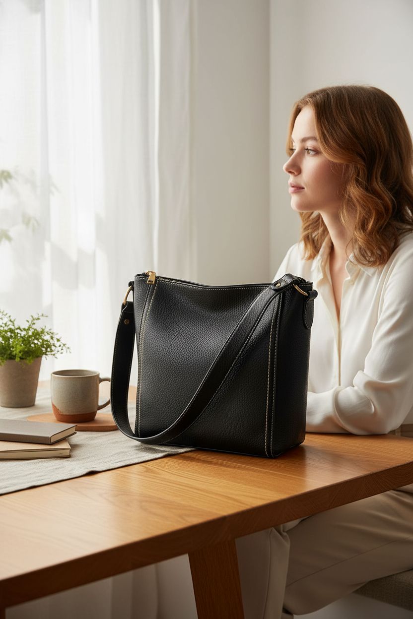 Montana West vegan leather handbag resting on an oak table in a cozy setting