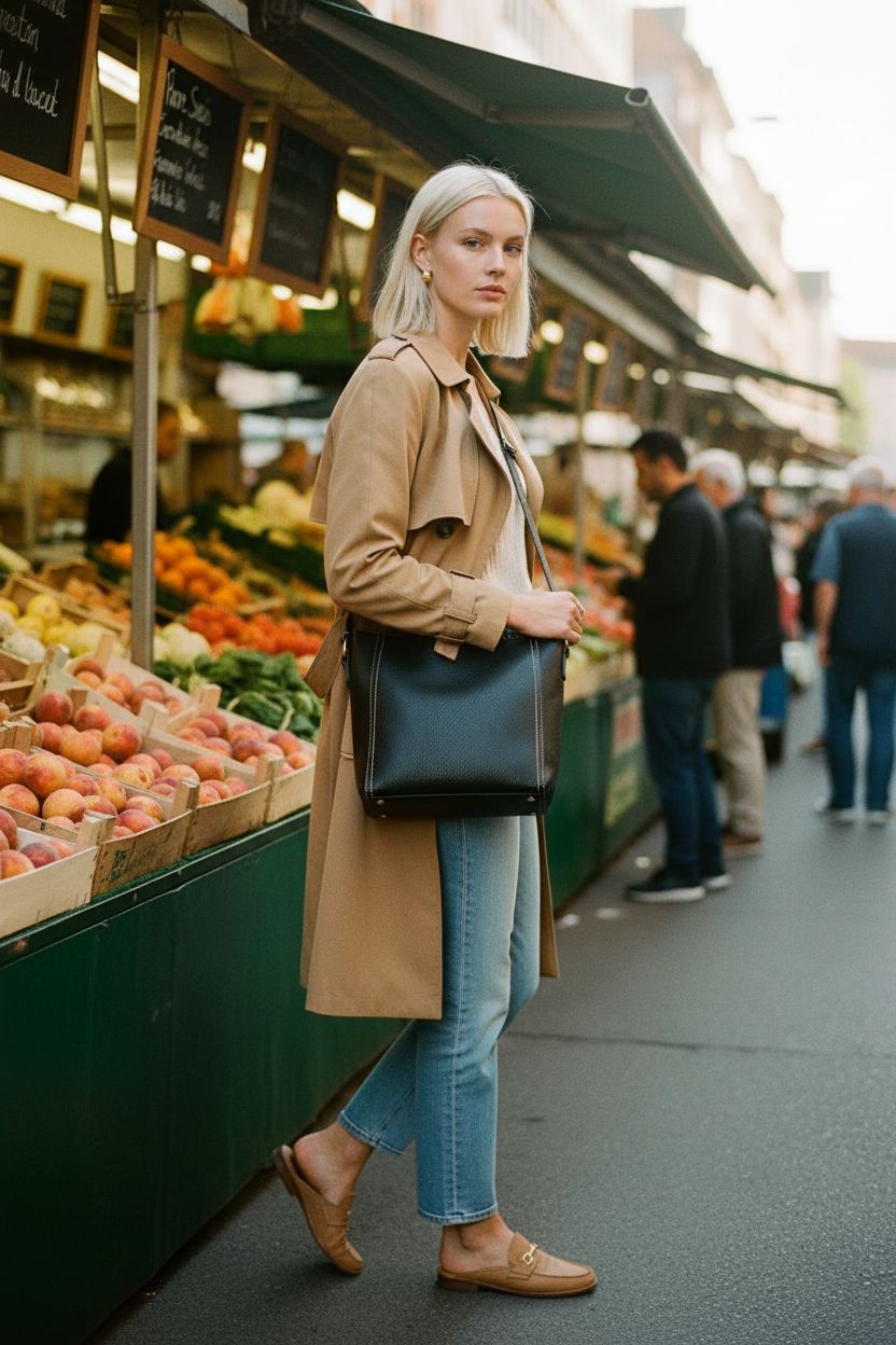 Montana West black vegan leather handbag with tan stitching at a farmers' market