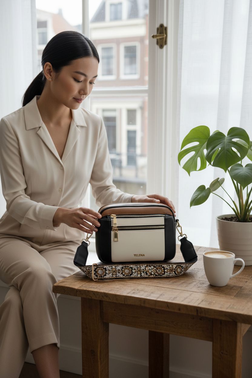 Telena crossbody purse on a table with a latte and plant in a cozy nook