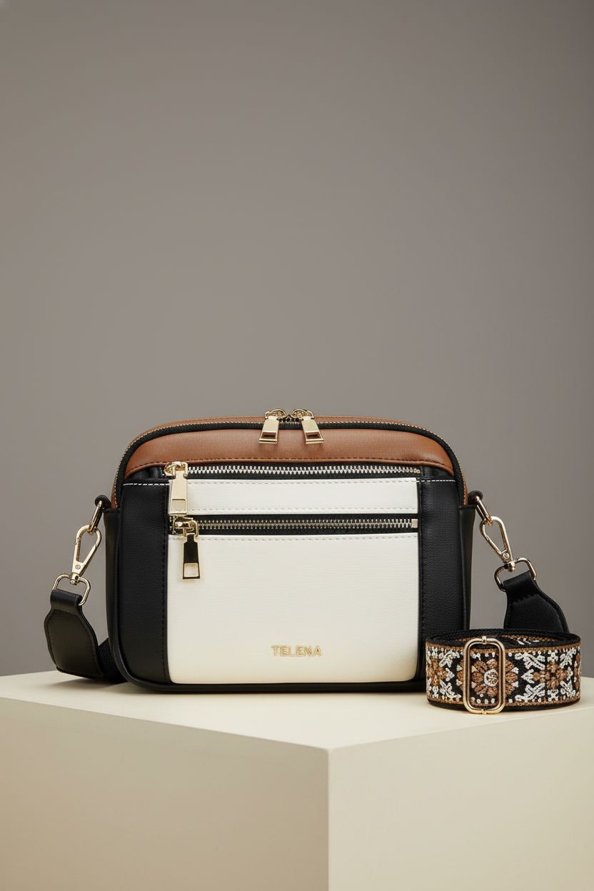 Telena small crossbody bag showcasing its vegan leather and design details