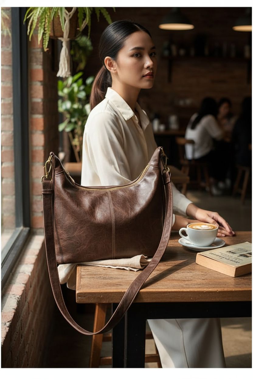 Floerns coffee brown hobo bag resting on a café table with a cappuccino