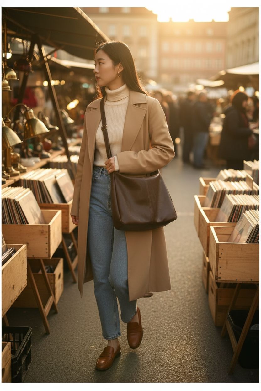 Floerns coffee brown slouchy hobo bag swinging crossbody at a flea market