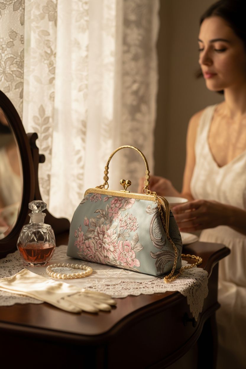 HeiDmai vintage handbag displayed on a vintage vanity, enhancing a timeless aesthetic.