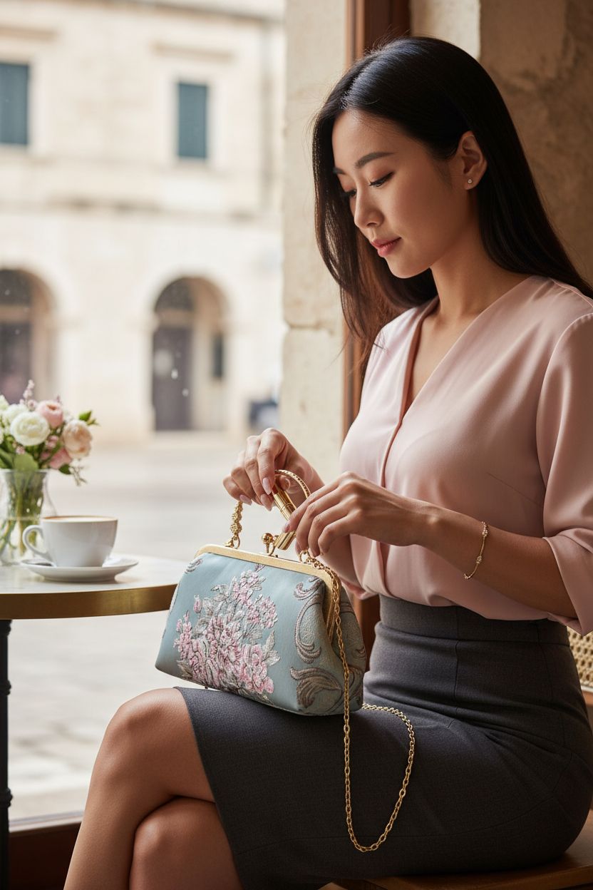 HeiDmai vintage flower embroidery handbag in pastel blue, perfect for chic outings.