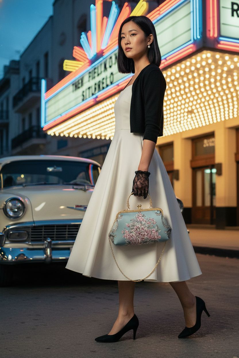 HeiDmai vintage handbag with pastel blue and pink embroidery, ideal for 1950s date nights.
