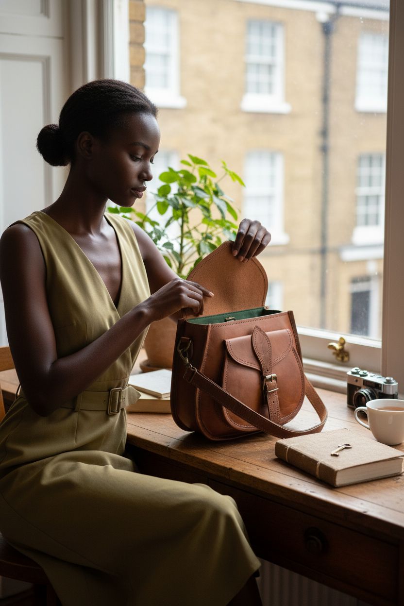 Rustic Town crossbody satchel bag on an oak desk with travel essentials in a cozy nook.