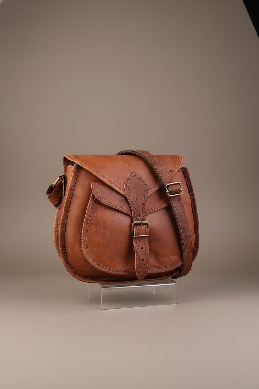 Rustic Town small brown leather handbag showcasing details like stitching and buckle.