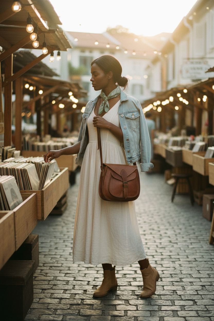 Rustic Town small brown leather crossbody satchel bag in a vintage market setting.