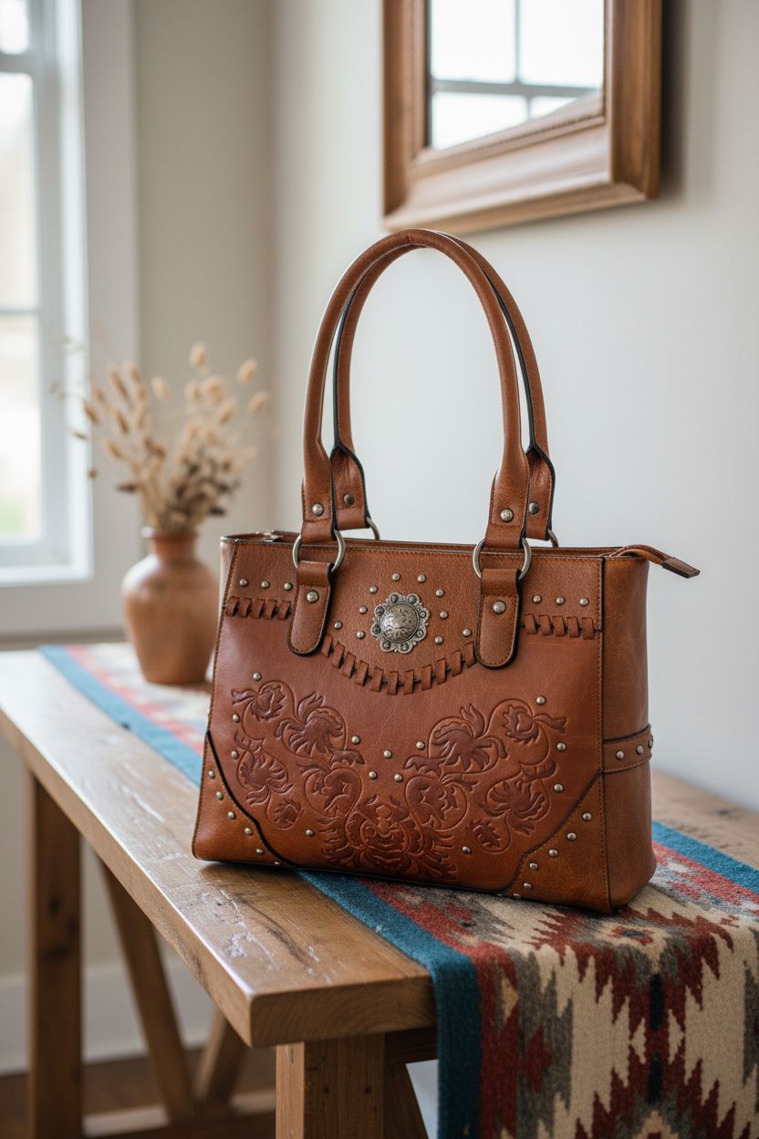 LAVAWA vintage western purse displayed on rustic console with prairie grass decor, highlighting its design.