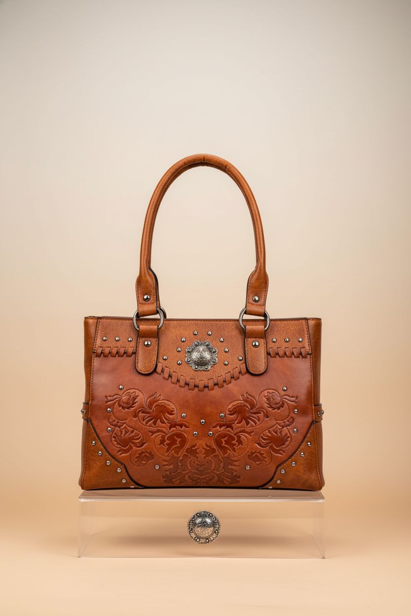 LAVAWA large western purse elegantly displayed on acrylic riser, showcasing its embossed concho detail.