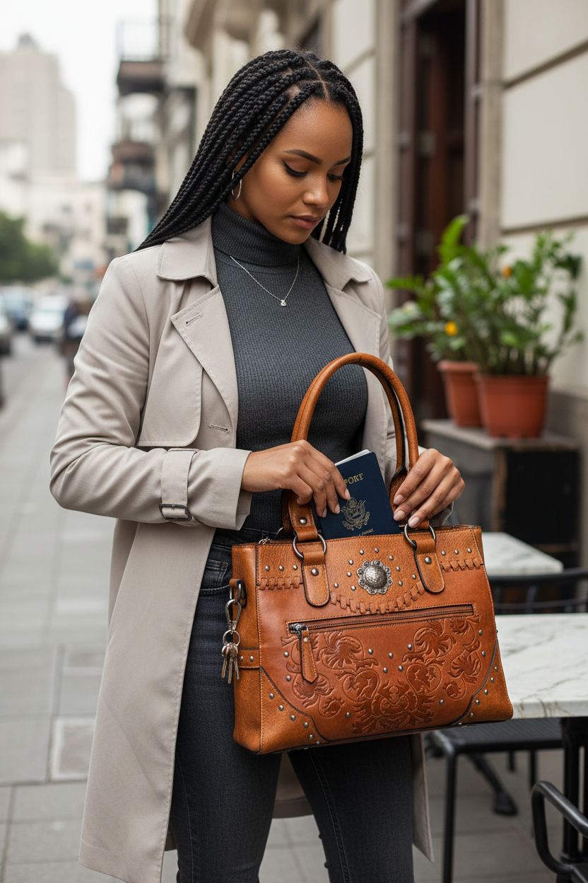LAVAWA large western purse in tan leather on a bistro table, showcasing its vintage embossed concho studs.