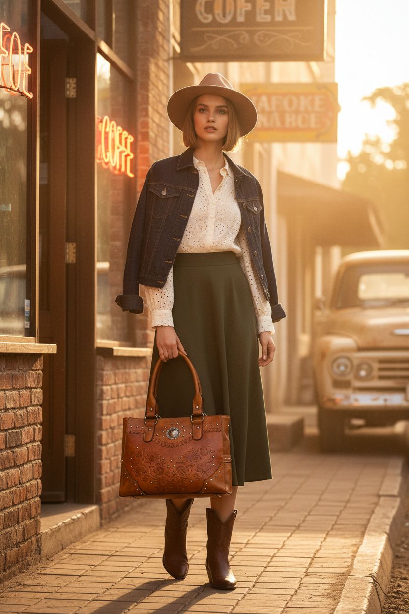 LAVAWA tote bag in caramel leather, perfect for a rustic setting, contrasting with chic outfits.