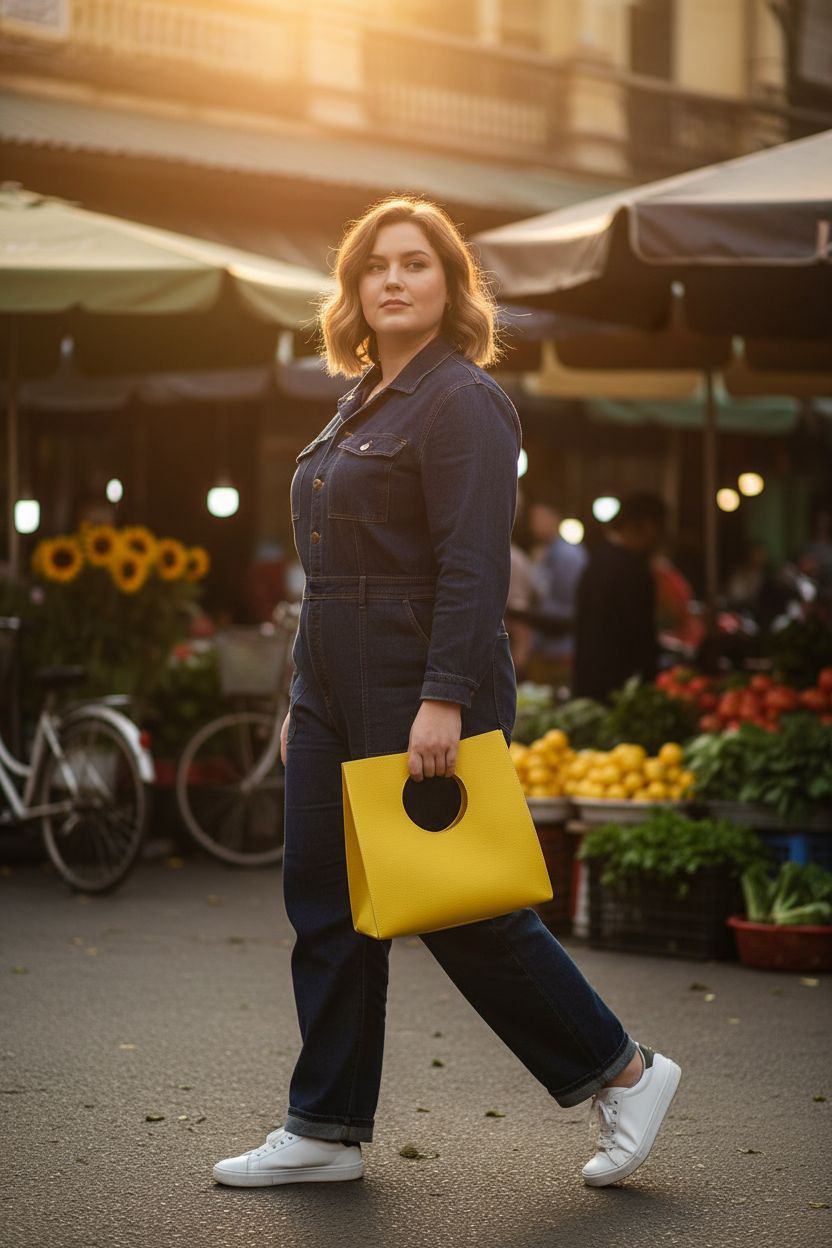Bright yellow HOXIS purse at a farmers market, a vibrant accessory for any outfit