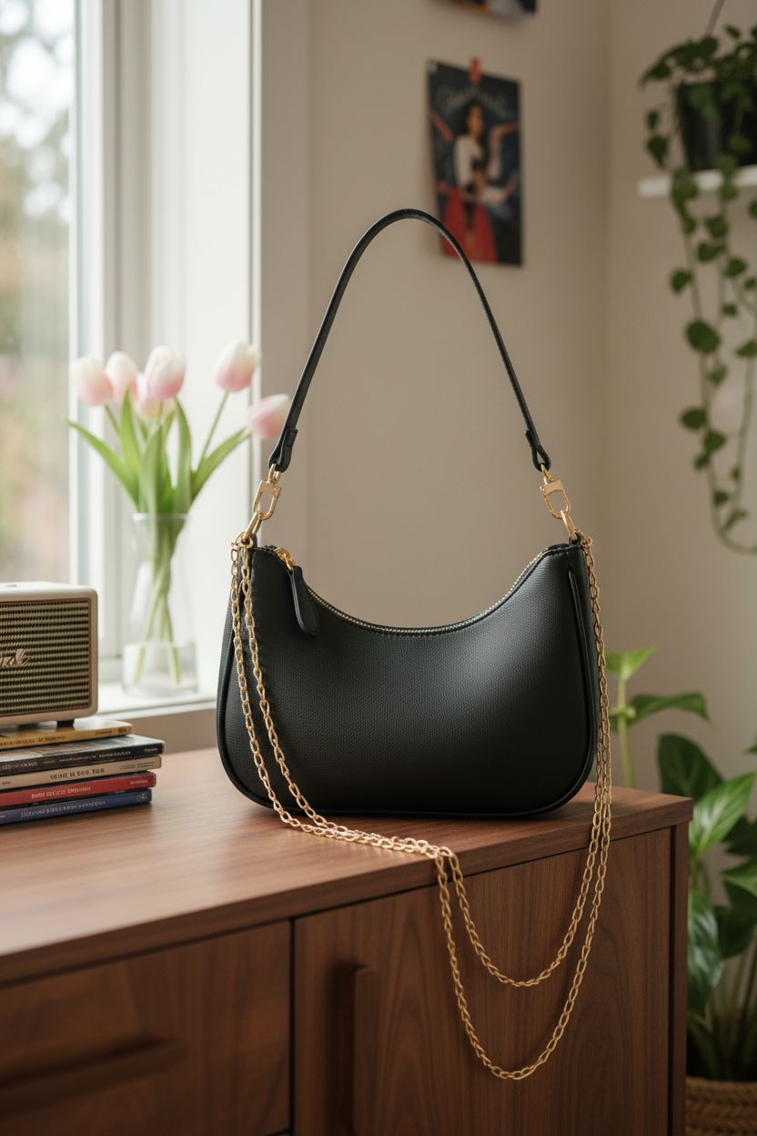 KKXIU black 90s hobo purse on a walnut sideboard with CDs