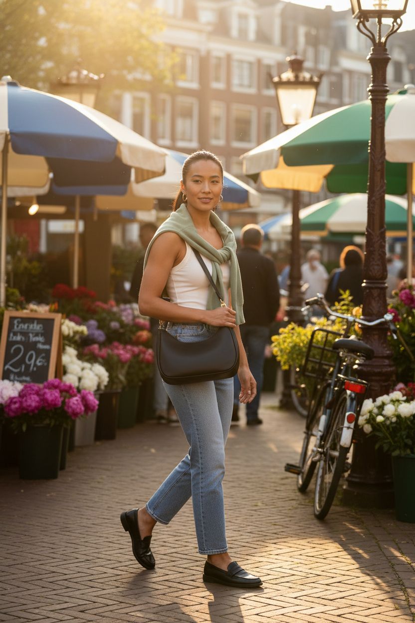KKXIU black 90s hobo purse stylishly tucked underarm at a market