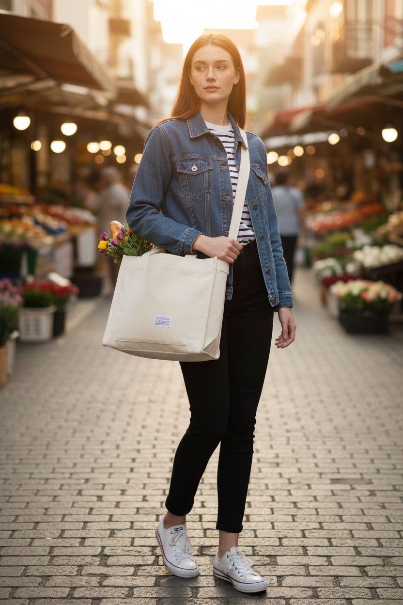 Light cream corduroy tote bag by UERRUAM, spacious enough for a baguette and flowers.
