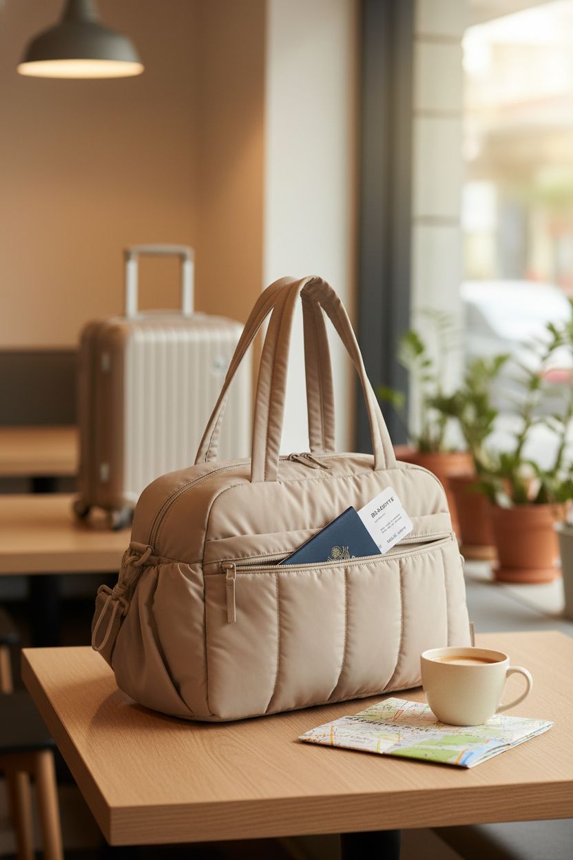 BAGSMART beige duffel on café table, highlighting travel essentials like passport and boarding pass.