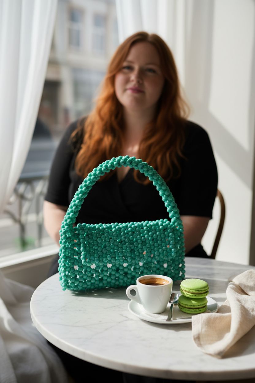Abvokury jade beaded bag beside coffee and macarons in a sunny café nook