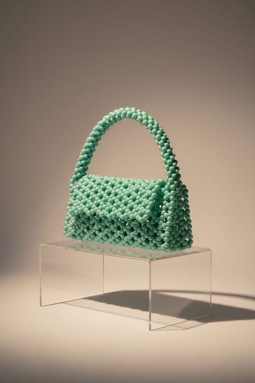 Abvokury jade beaded bag displayed on a riser showcasing its elegant design