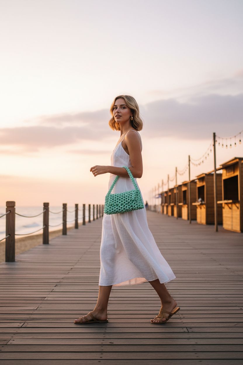 Abvokury jade beaded bag showcased on a seaside boardwalk at golden hour