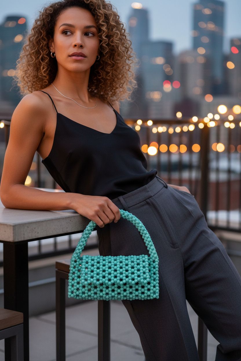 Abvokury jade beaded bag elegantly held against a city skyline at twilight
