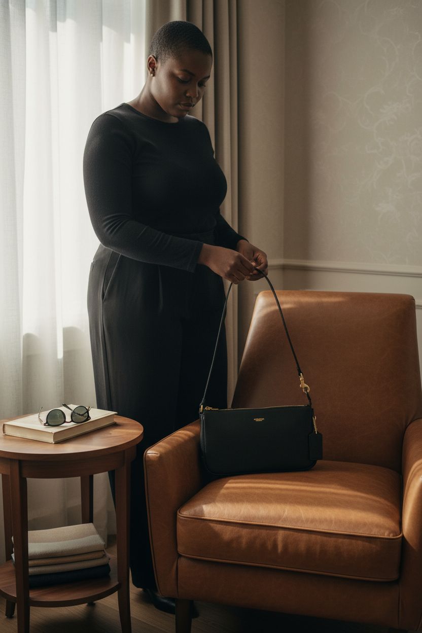 Black Coach Plaza Bag resting on a leather chair, exuding a relaxed travel vibe.